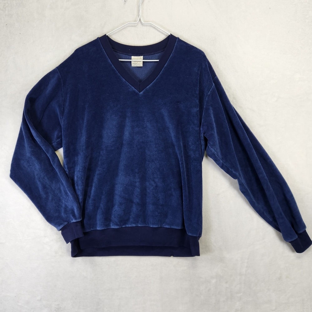 Vintage Campus Men Navy Blue Velour V-Neck Pullover Sweatshirt XL Made‎ in USA